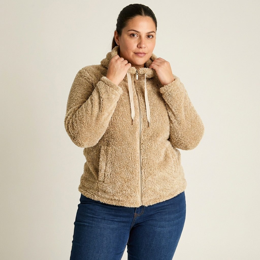 Polerón Coral Fleece Mujer Full Zipper Efecto Piel Arena